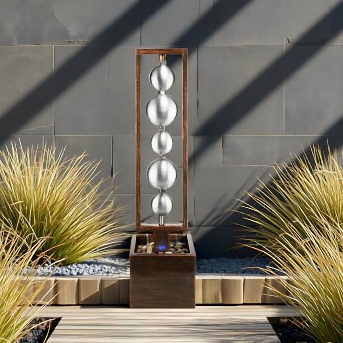 Ferrisland Outdoor Water Fountain with Pump, Relaxing Stainless Steel Geometric Sphere Freestanding Waterfall Fountains Modern Home Decor for Patio